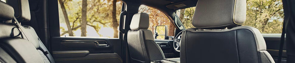 Close-up view of the 2026 Chevrolet Silverado 1500 driver’s seat back, highlighting premium materials and comfort features for long drives in Buellton, CA.
